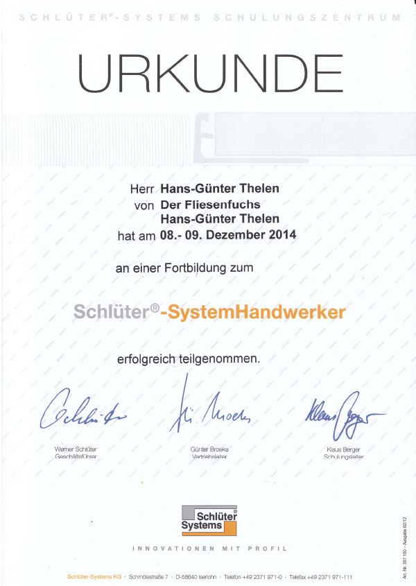 Schlüter Systems Zertifikat Thelen